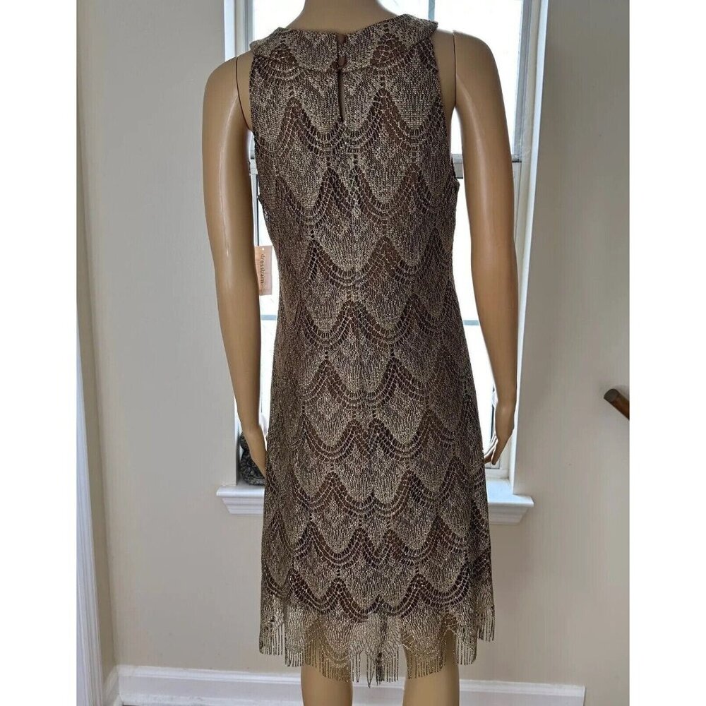 Dressbarn Shift Dress Size L/10 Shiny Brown Dark Lined Fringe Hem Sleeveless - Picture 2 of 15